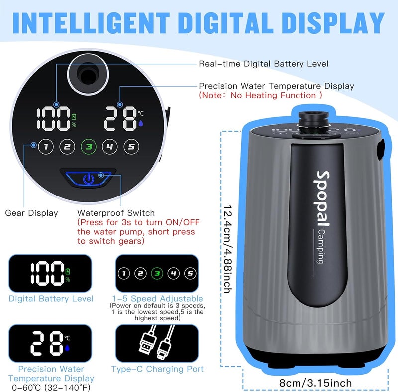 Spopal Portable Shower for Camping, [Upgraded] 10000mAh Rechargeable Camping Shower with 5 Adjustable Speeds,Premium LED Display, IPX8 Waterproof Outdoor Shower Kit for Hiking, Car, Pet, Travel - Image 4